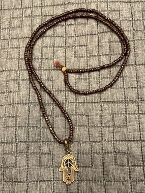 Cooper Hamsa Pendant beaded Necklace - Brown 18”